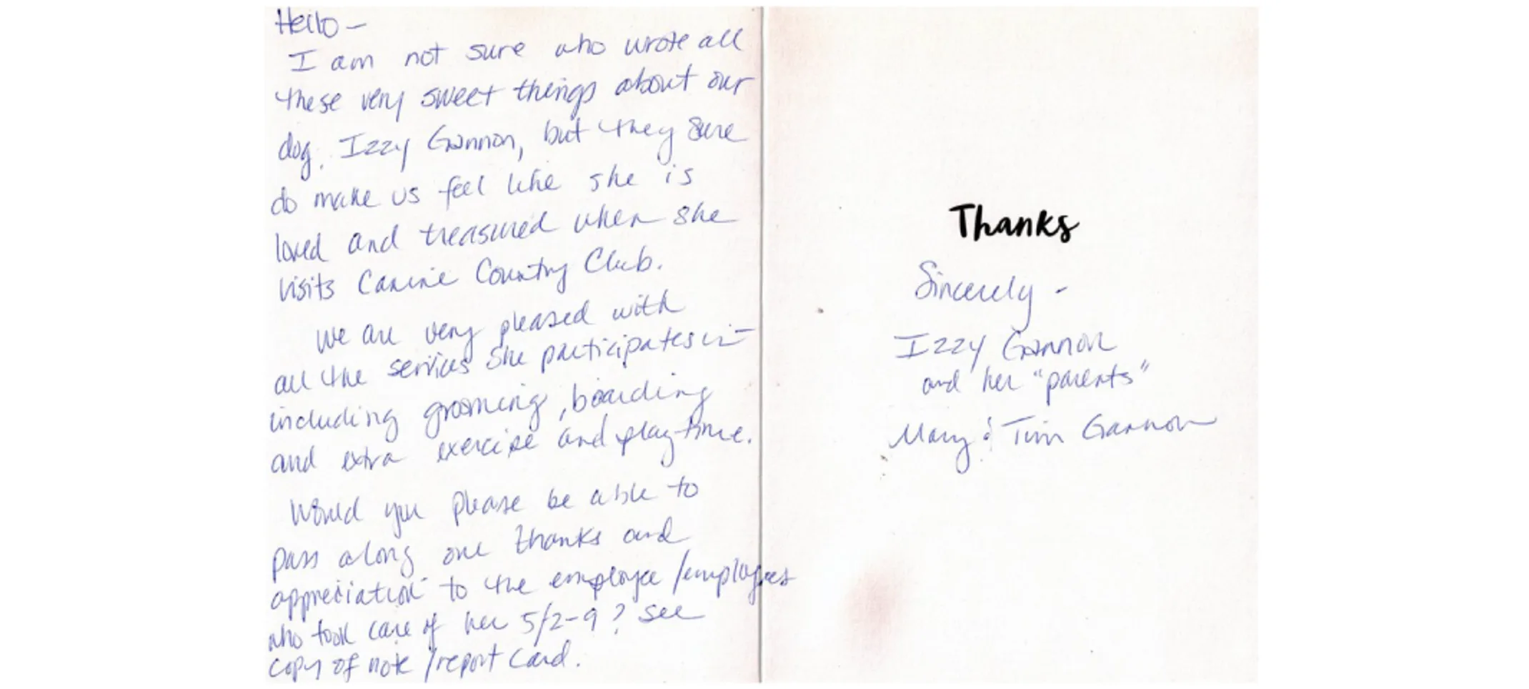 Thank you card from pet owner